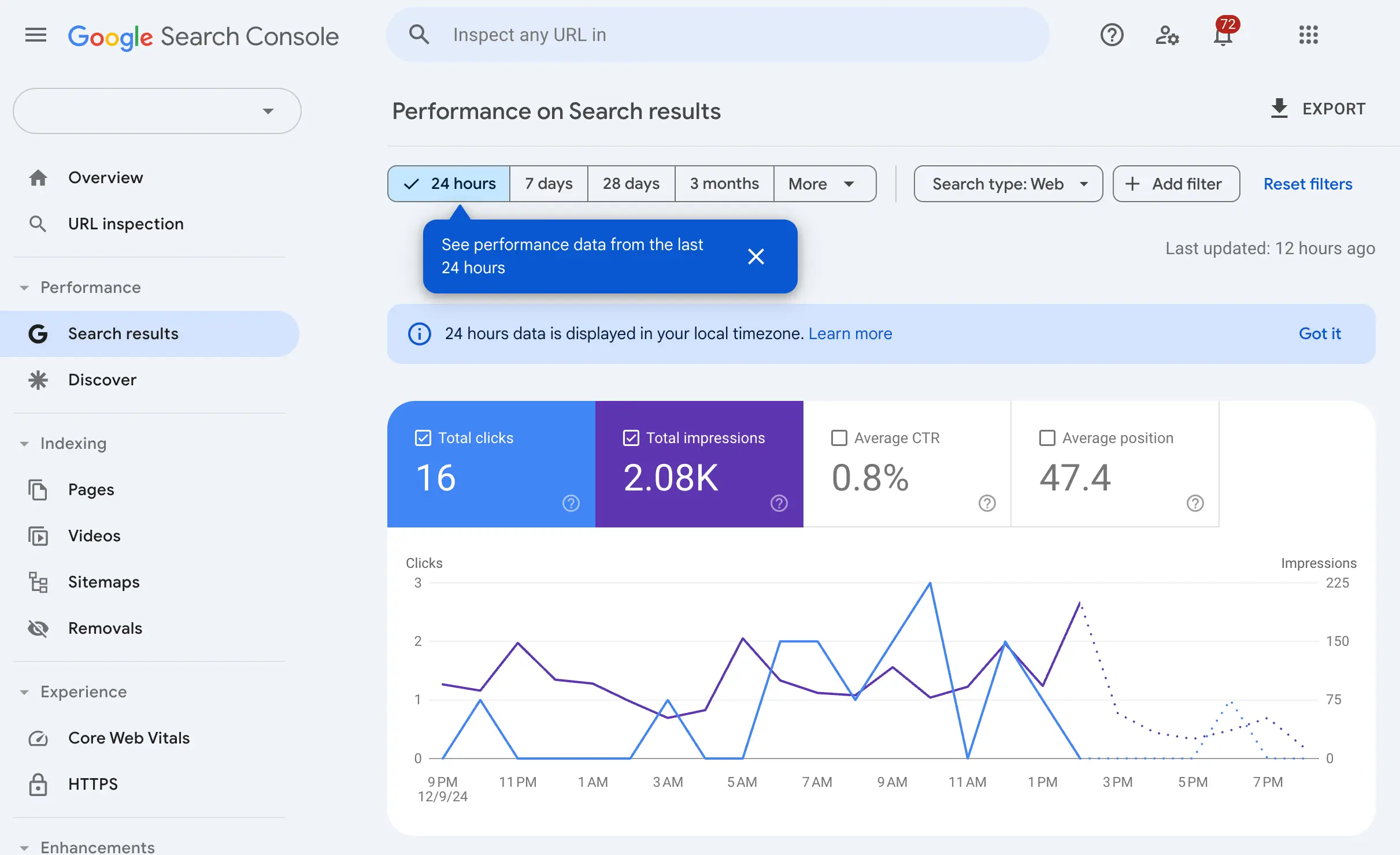 نمایش آمار 24 ساعت اخیر در آپدیت جدید سرچ کنسول گوگل